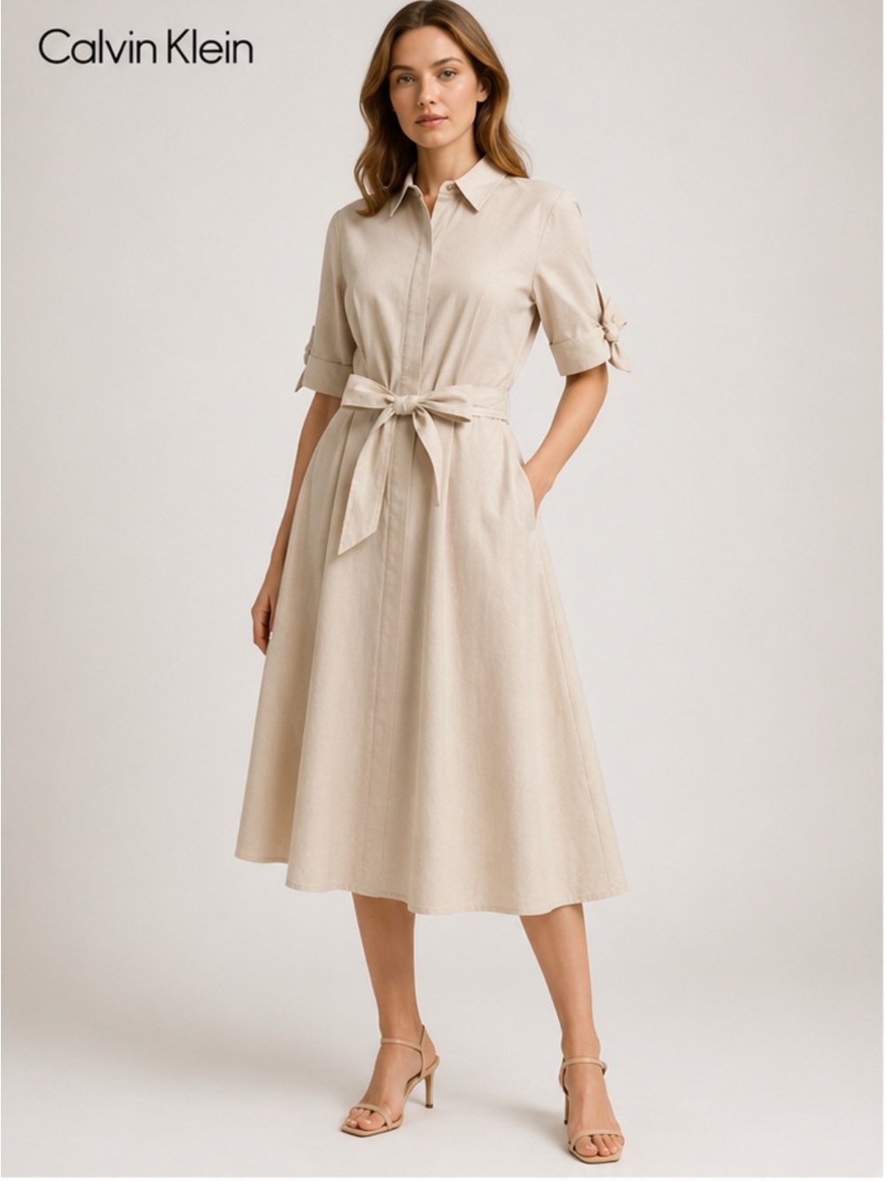 Calvin Klein Cream Midi Shirt Dress with Self Tie Waist